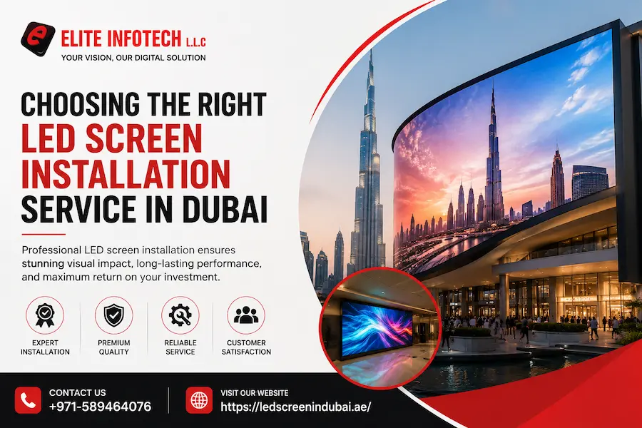 Professional LED screen installation service in Dubai for indoor and outdoor LED displays by Elite Infotech LLC
