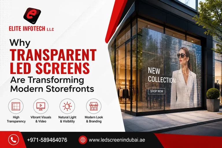 Transparent LED Screen Dubai installed on a modern retail storefront to display digital advertising while maintaining glass visibility.